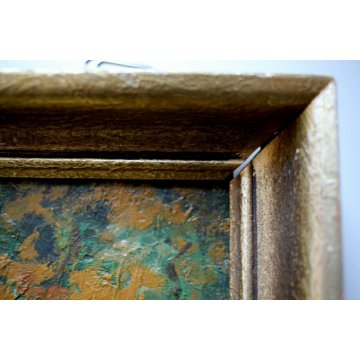 ANTICO QUADRO DIPINTO OLIO TAVOLA C.Morosini PAESAGGIO BOSCO LAGO MONTANO '900