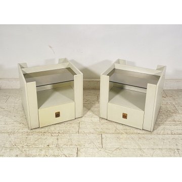 ANTICA COPPIA COMODINO DESIGN LEGNO LACCATO BIANCO PORTA RIVISTE VETRO CASSETTO