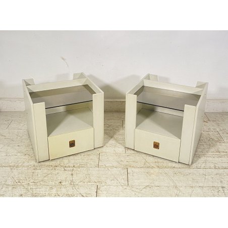 ANTICA COPPIA COMODINO DESIGN LEGNO LACCATO BIANCO PORTA RIVISTE VETRO CASSETTO