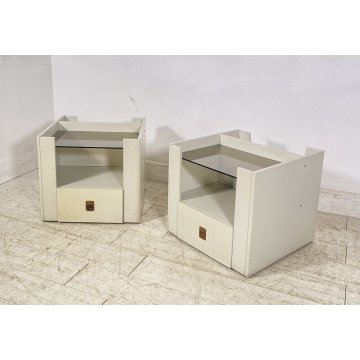 ANTICA COPPIA COMODINO DESIGN LEGNO LACCATO BIANCO PORTA RIVISTE VETRO CASSETTO