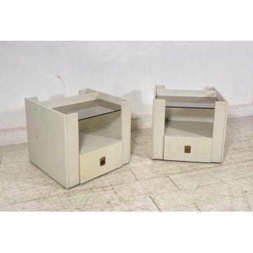 ANTICA COPPIA COMODINO DESIGN LEGNO LACCATO BIANCO PORTA RIVISTE VETRO CASSETTO