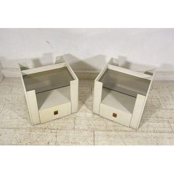 ANTICA COPPIA COMODINO DESIGN LEGNO LACCATO BIANCO PORTA RIVISTE VETRO CASSETTO