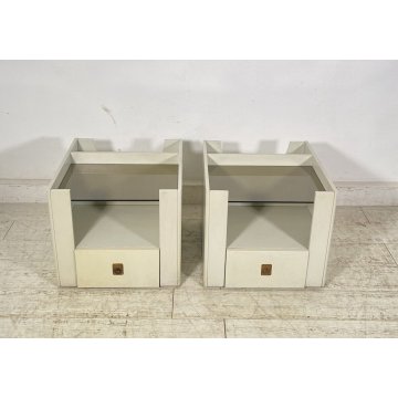 ANTICA COPPIA COMODINO DESIGN LEGNO LACCATO BIANCO PORTA RIVISTE VETRO CASSETTO