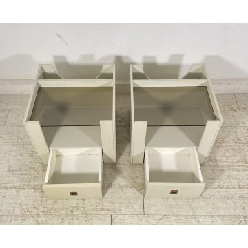 ANTICA COPPIA COMODINO DESIGN LEGNO LACCATO BIANCO PORTA RIVISTE VETRO CASSETTO