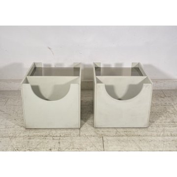 ANTICA COPPIA COMODINO DESIGN LEGNO LACCATO BIANCO PORTA RIVISTE VETRO CASSETTO