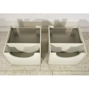 ANTICA COPPIA COMODINO DESIGN LEGNO LACCATO BIANCO PORTA RIVISTE VETRO CASSETTO