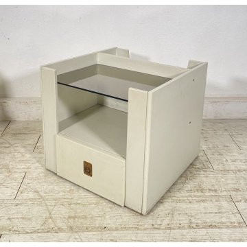 ANTICA COPPIA COMODINO DESIGN LEGNO LACCATO BIANCO PORTA RIVISTE VETRO CASSETTO