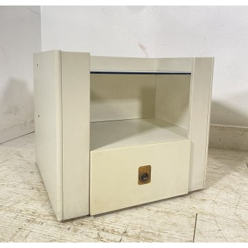 ANTICA COPPIA COMODINO DESIGN LEGNO LACCATO BIANCO PORTA RIVISTE VETRO CASSETTO