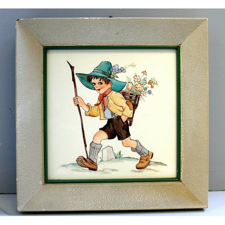 ANTICA FORMELLA DIPINTA QUADRO RAGAZZO con CAPPELLO GERLA FIORI BASTONE ANNI 50 