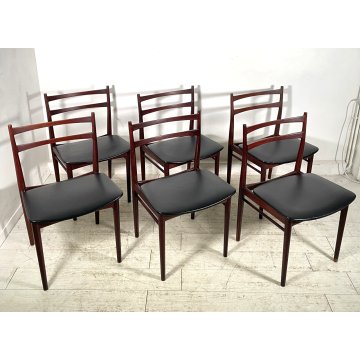 SET 6 SEDIE HENRY ROSENGREN HANSEN ANNI 60 CHAIR LEGNO PALISSANDRO PELLE NERA