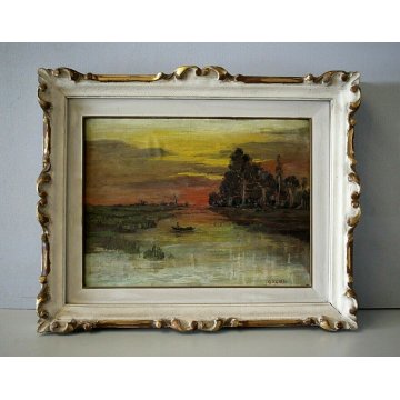 ANTICO DIPINTO OLIO TAVOLA PAESAGGIO TRAMONTO BARCA FOCE FIUME LAGO MARE  '900