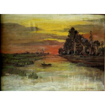 ANTICO DIPINTO OLIO TAVOLA PAESAGGIO TRAMONTO BARCA FOCE FIUME LAGO MARE  '900