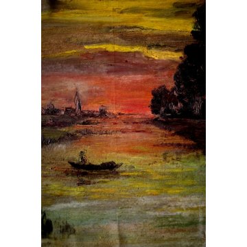 ANTICO DIPINTO OLIO TAVOLA PAESAGGIO TRAMONTO BARCA FOCE FIUME LAGO MARE  '900