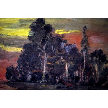 ANTICO DIPINTO OLIO TAVOLA PAESAGGIO TRAMONTO BARCA FOCE FIUME LAGO MARE  '900