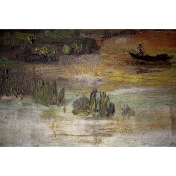 ANTICO DIPINTO OLIO TAVOLA PAESAGGIO TRAMONTO BARCA FOCE FIUME LAGO MARE  '900