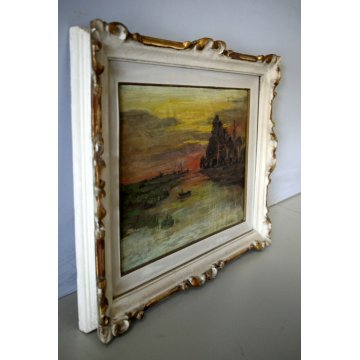 ANTICO DIPINTO OLIO TAVOLA PAESAGGIO TRAMONTO BARCA FOCE FIUME LAGO MARE  '900