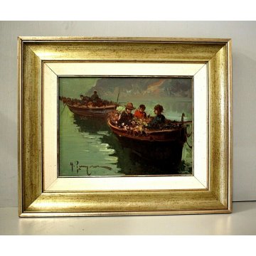 ANTICO QUADRO DIPINTO OLIO TELA Antonio Pecoraro PESCATORI BARCHE RETI NAPOLI 