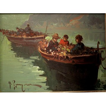 ANTICO QUADRO DIPINTO OLIO TELA Antonio Pecoraro PESCATORI BARCHE RETI NAPOLI 
