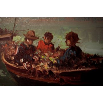 ANTICO QUADRO DIPINTO OLIO TELA Antonio Pecoraro PESCATORI BARCHE RETI NAPOLI 