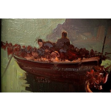 ANTICO QUADRO DIPINTO OLIO TELA Antonio Pecoraro PESCATORI BARCHE RETI NAPOLI 