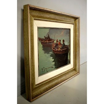 ANTICO QUADRO DIPINTO OLIO TELA Antonio Pecoraro PESCATORI BARCHE RETI NAPOLI 