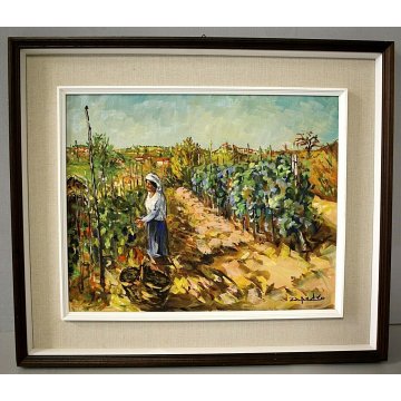 ANTICO DIPINTO OLIO TELA VENDEMMIA COLLINE PAESAGGIO CONTADINA FILARI VIGNA '900