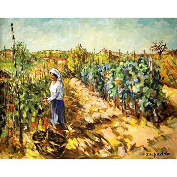ANTICO DIPINTO OLIO TELA VENDEMMIA COLLINE PAESAGGIO CONTADINA FILARI VIGNA '900
