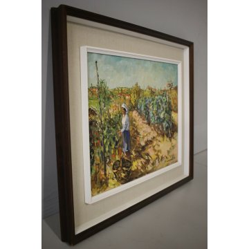 ANTICO DIPINTO OLIO TELA VENDEMMIA COLLINE PAESAGGIO CONTADINA FILARI VIGNA '900