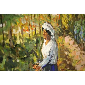 ANTICO DIPINTO OLIO TELA VENDEMMIA COLLINE PAESAGGIO CONTADINA FILARI VIGNA '900