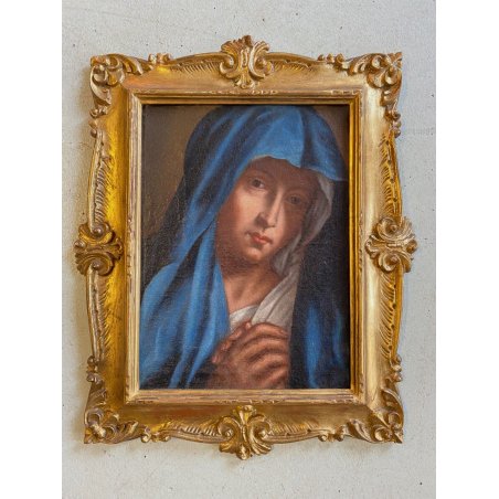 DIPINTO OLIO TELA MADONNA IN PREGHIERA ORANTE RELIGIOSO CORNICE DORATA '700