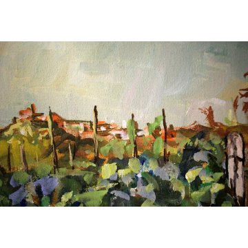 ANTICO DIPINTO OLIO TELA VENDEMMIA COLLINE PAESAGGIO CONTADINA FILARI VIGNA '900