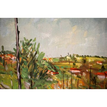 ANTICO DIPINTO OLIO TELA VENDEMMIA COLLINE PAESAGGIO CONTADINA FILARI VIGNA '900