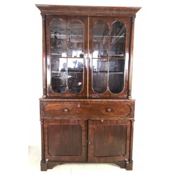 ANTICA CREDENZA VETRINA LIBRERIA INGLESE FINE 1800 EPOCA NOCE CUPBOARD SCRITTOIO