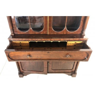 ANTICA CREDENZA VETRINA LIBRERIA INGLESE FINE 1800 EPOCA NOCE CUPBOARD SCRITTOIO