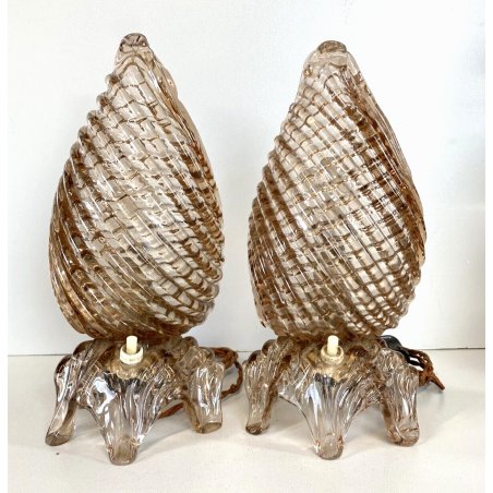 ANTICA COPPIA LAMPADA ABATJOUR CONCHIGLIA VETRO MURANO FUME' TRASPARENTE DECO'