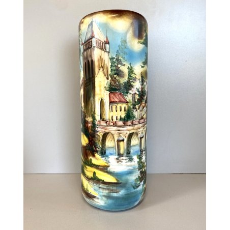 VASO VINTAGE CILINDRO CERAMICA Forlani Laveno DECORO PAESAGGIO ARCHITETTURE '50
