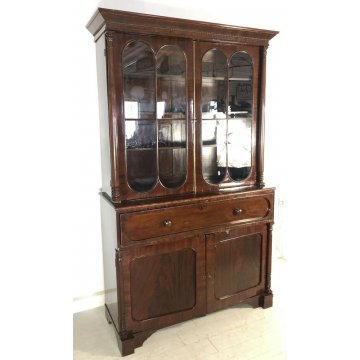 ANTICA CREDENZA VETRINA LIBRERIA INGLESE FINE 1800 EPOCA NOCE CUPBOARD SCRITTOIO