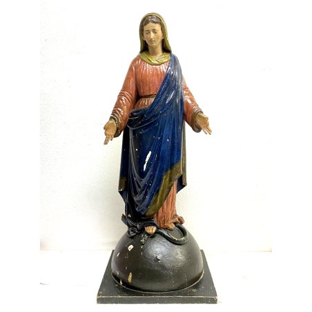 ANTICA SCULTURA LEGNO Maria Immacolata MADONNA SERPENTE GLOBO LUNA 73 cm/h XVIII