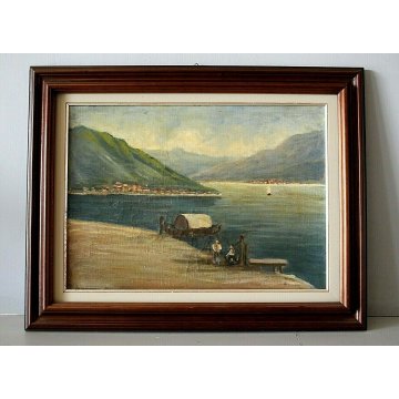ANTICO DIPINTO OLIO CARTONE P. Valsecchi LAGO MAGGIORE BARCA PESCATORI PRIMO 900