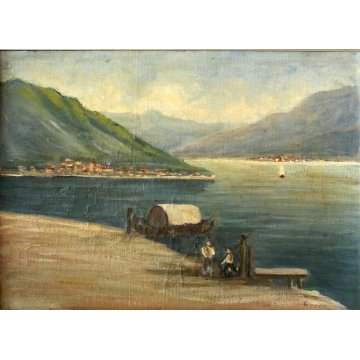 ANTICO DIPINTO OLIO CARTONE P. Valsecchi LAGO MAGGIORE BARCA PESCATORI PRIMO 900