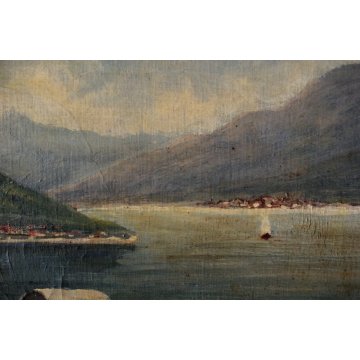 ANTICO DIPINTO OLIO CARTONE P. Valsecchi LAGO MAGGIORE BARCA PESCATORI PRIMO 900