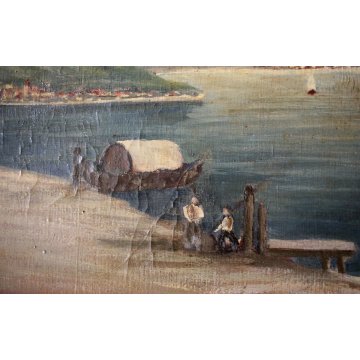 ANTICO DIPINTO OLIO CARTONE P. Valsecchi LAGO MAGGIORE BARCA PESCATORI PRIMO 900
