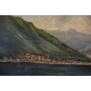 ANTICO DIPINTO OLIO CARTONE P. Valsecchi LAGO MAGGIORE BARCA PESCATORI PRIMO 900