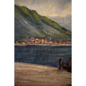 ANTICO DIPINTO OLIO CARTONE P. Valsecchi LAGO MAGGIORE BARCA PESCATORI PRIMO 900