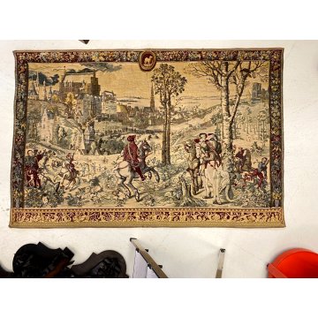 ANTICO ARAZZO SCENA DI CACCIA PAESAGGIO NORDICO Aubusson FRANCIA '800/'900