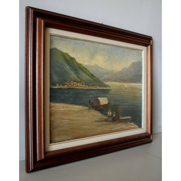 ANTICO DIPINTO OLIO CARTONE P. Valsecchi LAGO MAGGIORE BARCA PESCATORI PRIMO 900