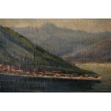ANTICO DIPINTO OLIO CARTONE P. Valsecchi LAGO MAGGIORE BARCA PESCATORI PRIMO 900