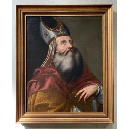 ANTICO DIPINTO OLIO SANTO ORTODOSSO ABITO MITRA VESCOVILE LIBRO RELIGIOSO '700