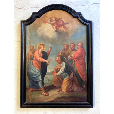 ANTICO DIPINTO OLIO TELA Gesù consegna le chiavi a San Pietro RELIGIOSO '700
