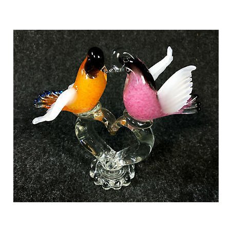 SCULTURA COPPIA UCCELLO VETRO SOFFIATO MURANO POLICROMO ARTIGIANALE DESIGN ITALY